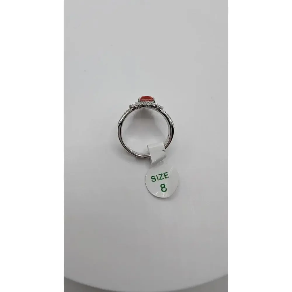 Silver Ring with Orange Gemstone and Clear Accent Stones, Size 8